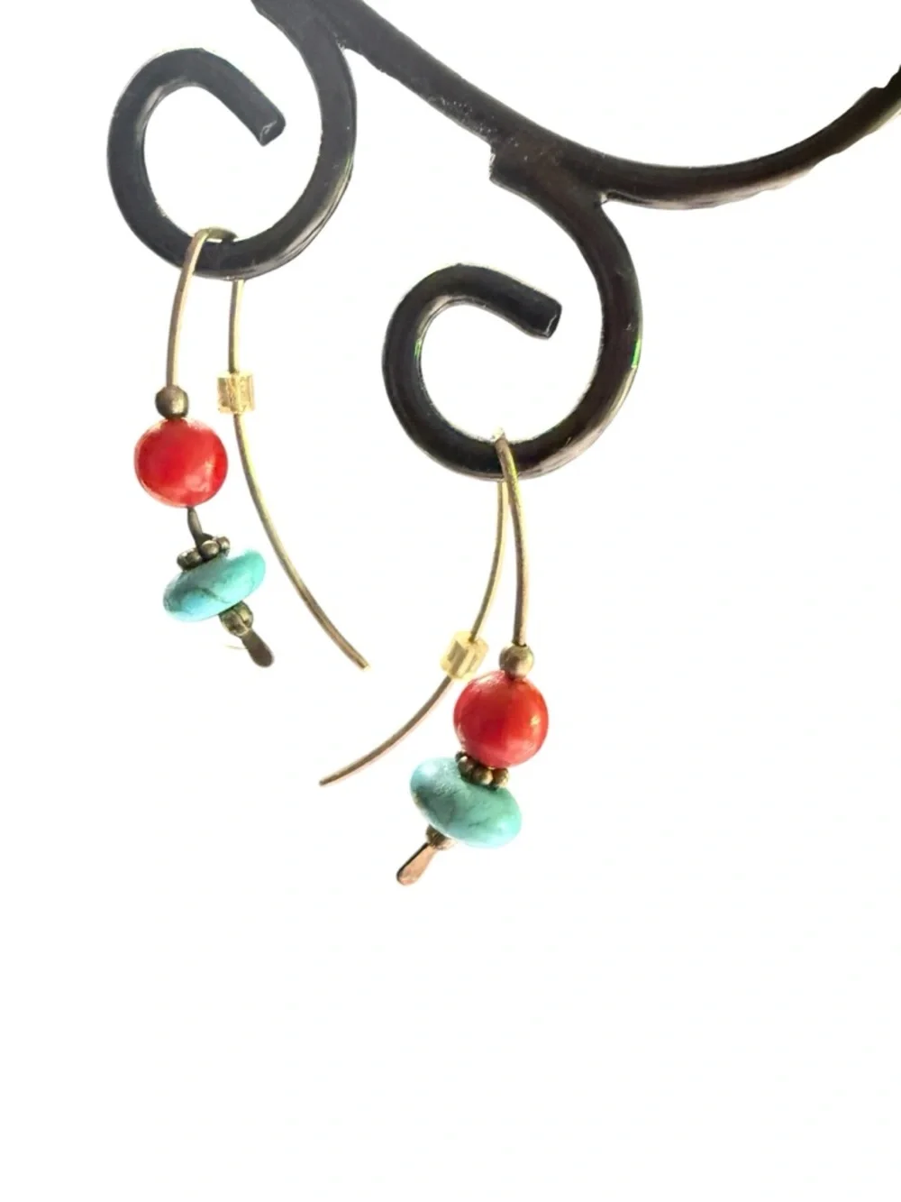 Vintage Artisan Red and Turquoise Bead Drop Earrings